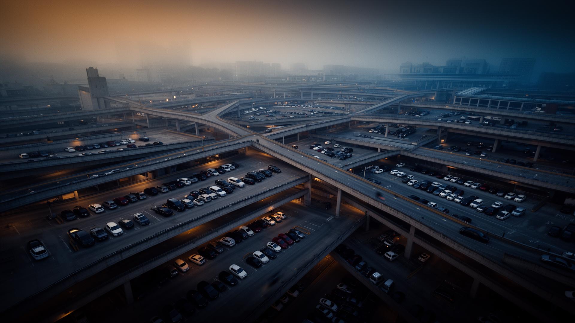 Dense urban infrastructure at twilight