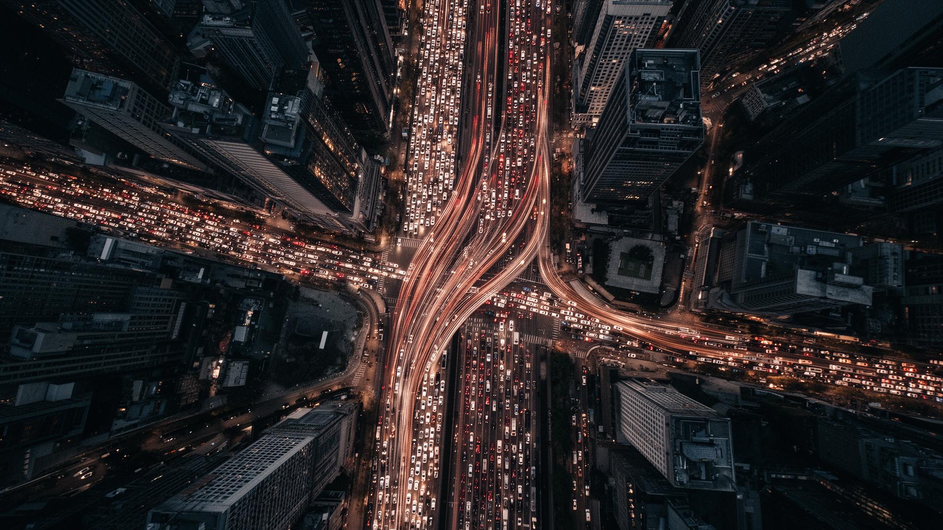 Dense urban infrastructure at twilight